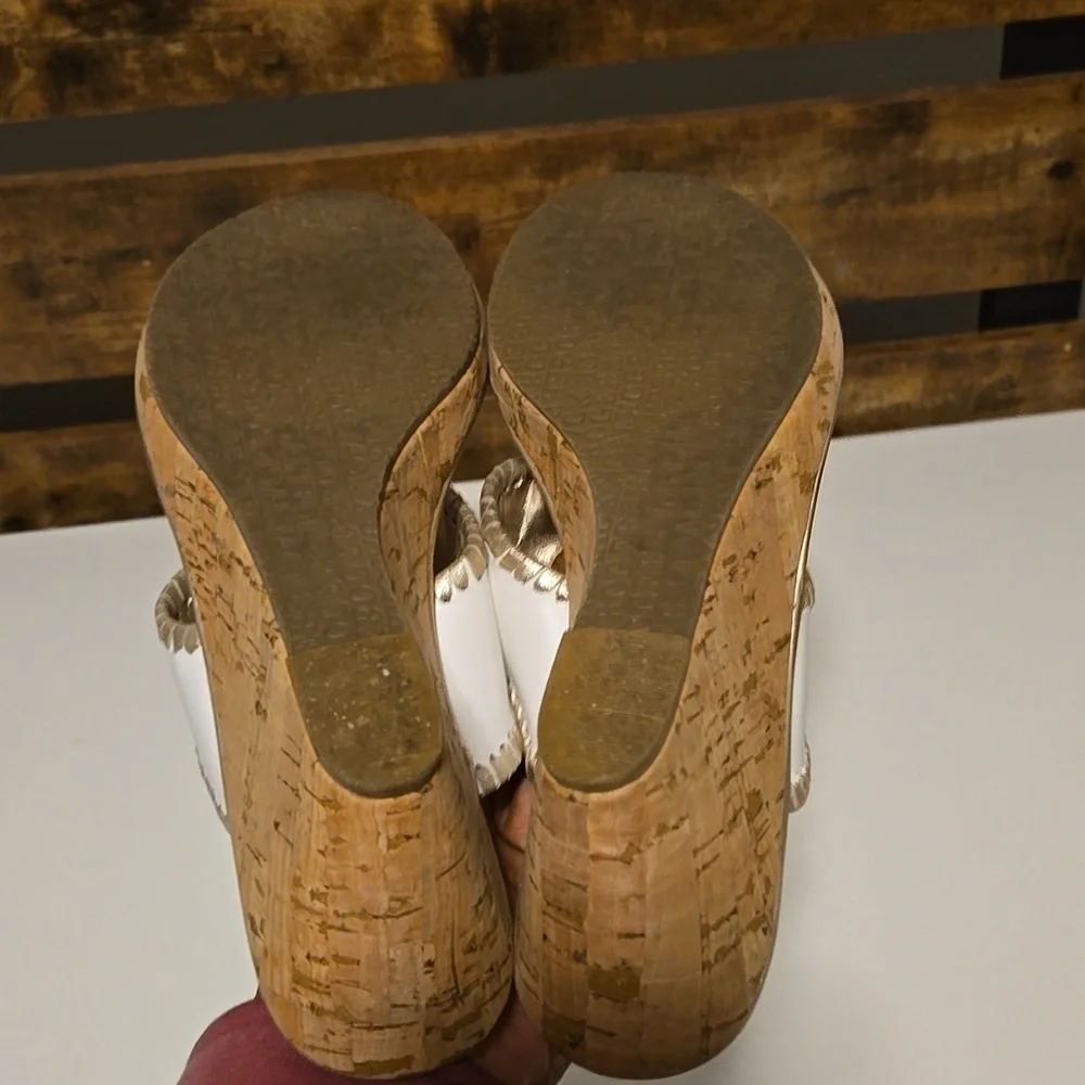 Jack Rogers Women's White and Gold Leather Upper Wedge Sandals Size 9.5